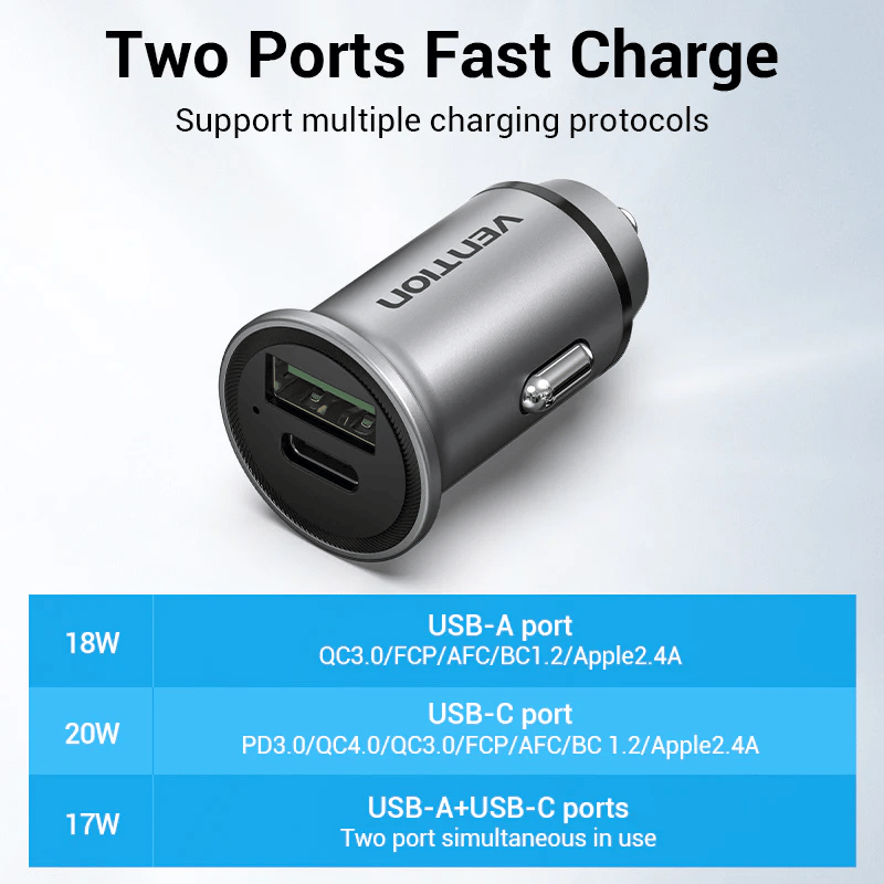 Vention 18W+20W USB A+C Car Charger (QC3.0+PD3.0) Gray Aluminium Alloy Type