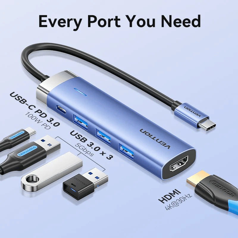 Vention USB-C to HDMI/USB 3.0 x 3/PD Docking Station 0.15M Blue Aluminum Alloy | TGESB