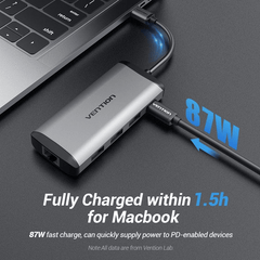 Vention Type-C to USB 3.0*3/Gigabit Ethernet/PD Hub 0.15M Gray Metal Type | TGDHB