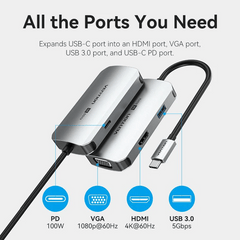 Vention USB-C to HDMI/VGA/USB 3.0/PD Docking Station 0.15M Gray Aluminum Alloy Type | TQAHB