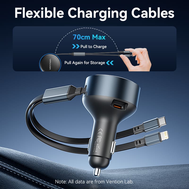 Vention Car Charger with Built-In Cable | FFOB0