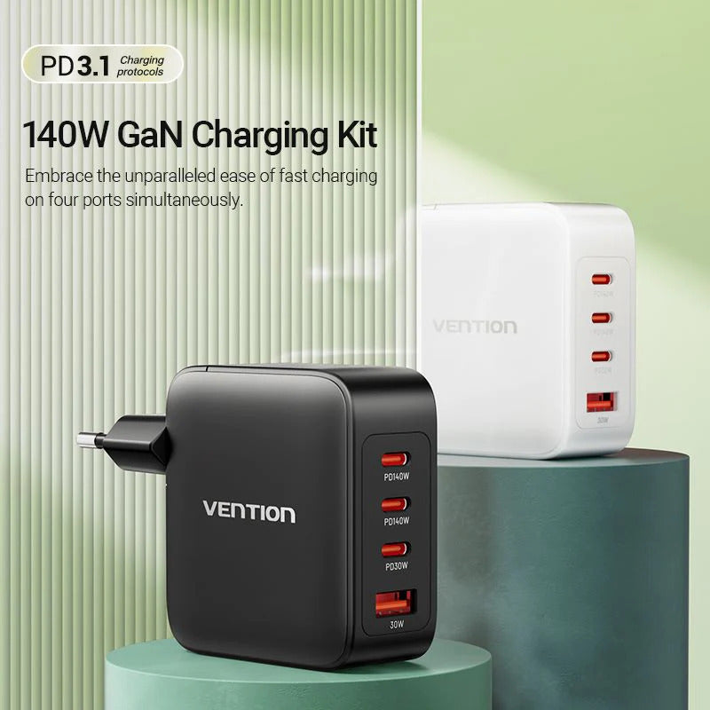 Vention 4-Port USB (C + C + C + A) GaN Charging Kit (140W/140W/30W/30W) EU PLUG |Fast Charge Macbook Pro , iPad , iPhones , Laptops