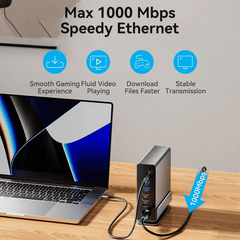 Vention USB-C to DP/HDMI x 2/USB 3.2 GaN 2 Type-C/USB 3.2 Gen 2 Type-A x 2/USB 3.2 Gen 1 Type-C/USB 3.0/USB 2.0 x 2/RJ45/SD/TF/3.5mm TRRS/PD MST Docking Station Gray Vertical Aluminum Alloy