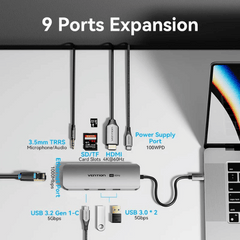 Vention USB-C to HDMI/USB-C GaN 1/USB 3.0 x 2/RJ45/SD/TF/TRRS 3.5mm | PD Docking Station 0.15M Gray Aluminum Alloy Type | TQMHB