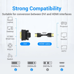 Vention DVI to HDMI Adapter Bi-directional DVI D 24+1 Male to HDMI Female Cable Connector Converter for Projector HDMI to DVI | Gold Plated  | ECCB0