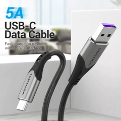 Vention USB-C to USB 2.0- 5A Fast Charging Cable 1M Gray | Aluminum Alloy Type | Nylon Braided