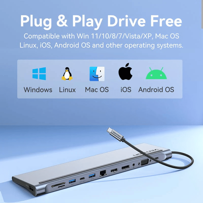 Vention Multi-Function USB-C to DP/HDMI/VGA/USB-C Gen 1/USB 3.0×2/USB 2.0/RJ45/SD/TF/TRRS 3.5mm/PD Docking Station 0.25m Gray Metal Type