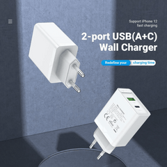 Vention Two-Port USB(A+C) Wall Charger (18W QC 3.0/20W PD ) EU-Plug | Supports Android , Apple Phones & Watches