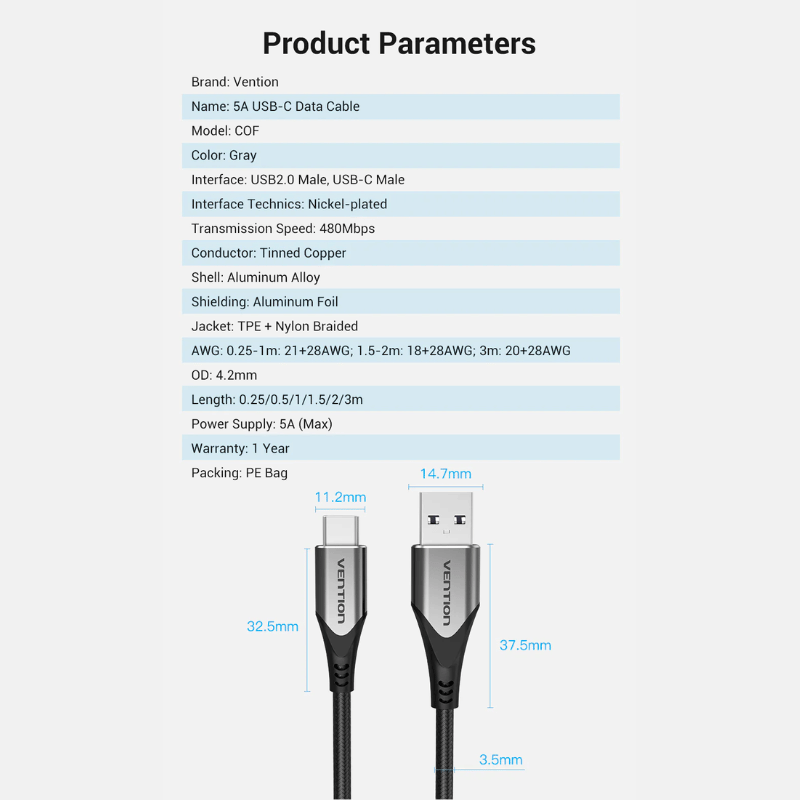 Vention USB-C to USB 2.0- 5A Fast Charging Cable 1M Gray | Aluminum Alloy Type | Nylon Braided