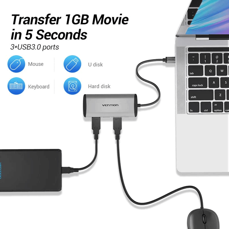 Vention Type-C to USB 3.0*3/Gigabit Ethernet/PD Hub 0.15M Gray Metal Type | TGDHB