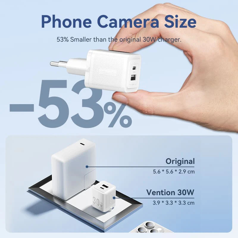 Vention 2-Port USB (C+A) GaN Charger (30W/30W) with USB-C to USB-C Cable | 1M |