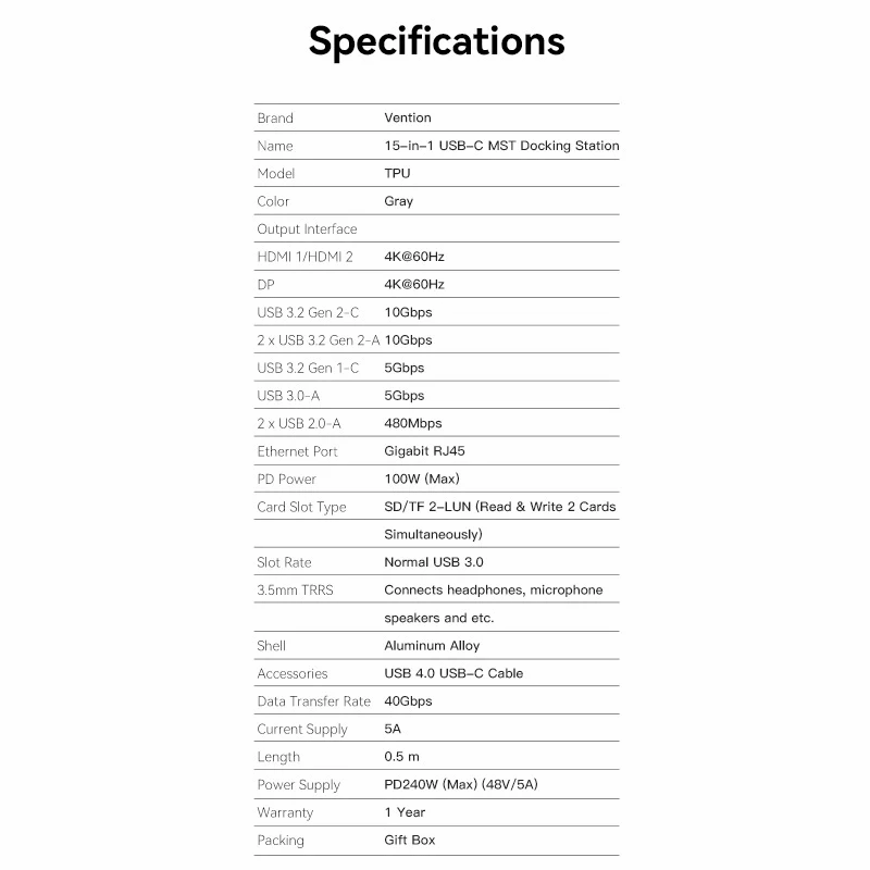 Vention USB-C to DP/HDMI x 2/USB 3.2 GaN 2 Type-C/USB 3.2 Gen 2 Type-A x 2/USB 3.2 Gen 1 Type-C/USB 3.0/USB 2.0 x 2/RJ45/SD/TF/3.5mm TRRS/PD MST Docking Station Gray Vertical Aluminum Alloy
