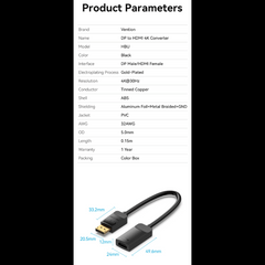 Vention DP to HDMI 4K Converter for Laptop Computer TV Displayer Projector Monitors | Gold Plated| HBUBB