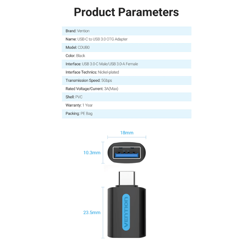 Vention USB-C Male to USB 3.0 Female OTG Adapter Black PVC Type  | CDUB0