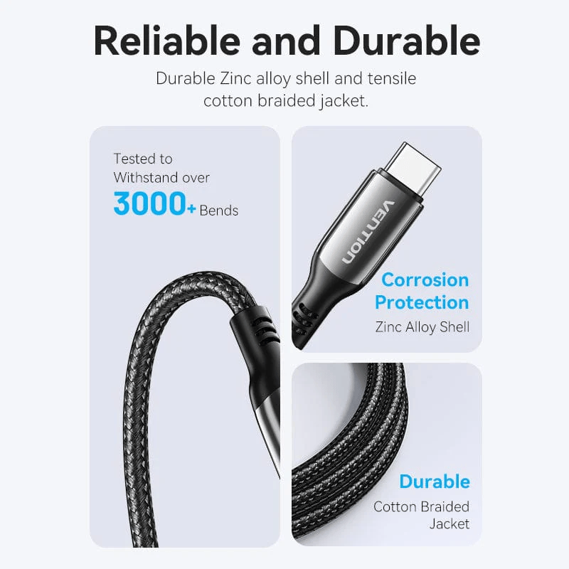 Cotton Braided USB 2.0 C Male to C Male 5A Cable Black Zinc Alloy Type | 100W PD | Power Charging 2 in 1