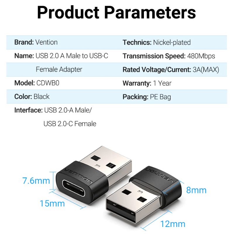 Vention USB 2.0 Male to USB-C Female Adapter Black PVC Type | CDWBO