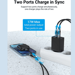 Vention Two-Port USB(A+C) Wall Charger (18W QC 3.0/20W PD ) EU-Plug | Supports Android , Apple Phones & Watches