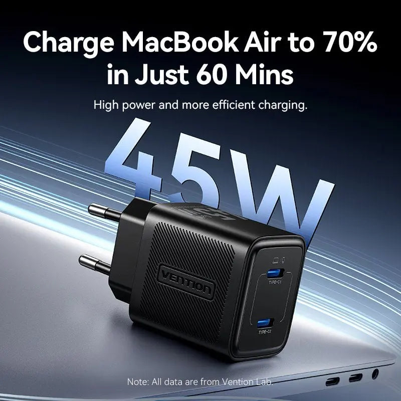 Vention 2-Port USB (C + C) GaN Charger (45W/45W) EU-Plug Black | FEFB0-EU