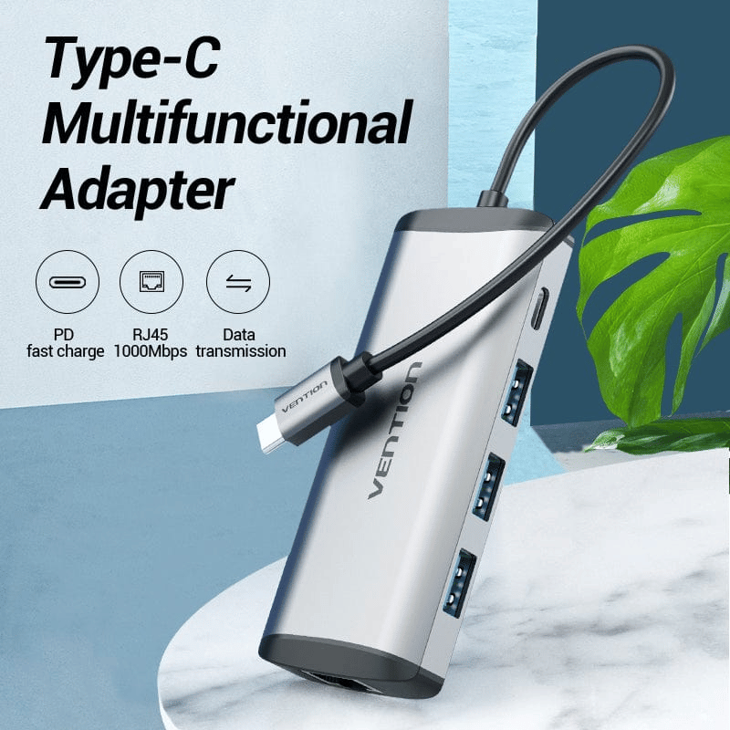 Vention Type-C to USB 3.0*3/Gigabit Ethernet/PD Hub 0.15M Gray Metal Type | TGDHB