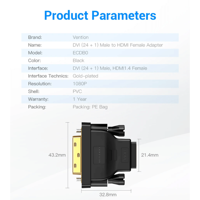 Vention DVI to HDMI Adapter Bi-directional DVI D 24+1 Male to HDMI Female Cable Connector Converter for Projector HDMI to DVI | Gold Plated  | ECCB0