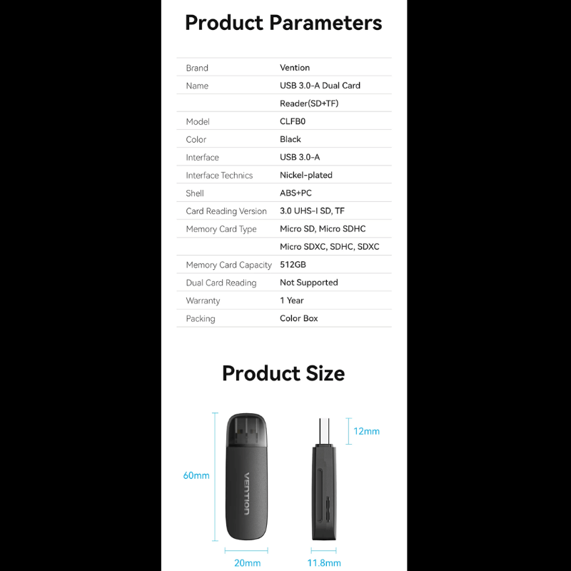 Vention 2-in-1 USB 3.0 A Card Reader(SD+TF) Black Single Drive Letter | CLKB0