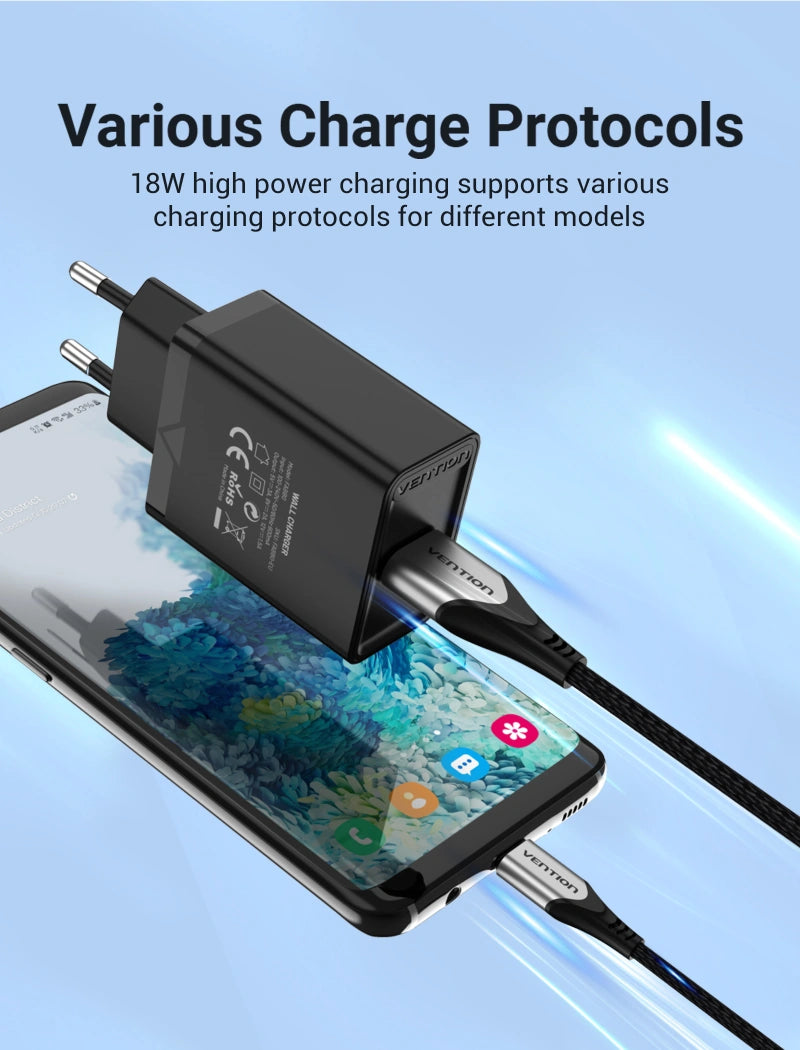 Vention 1-Port Usb Wall Charger 18W | Eu-Plug | Support Apple, Samsung, Vivo , OPPO , Tecno , Huawei, Xiaomi