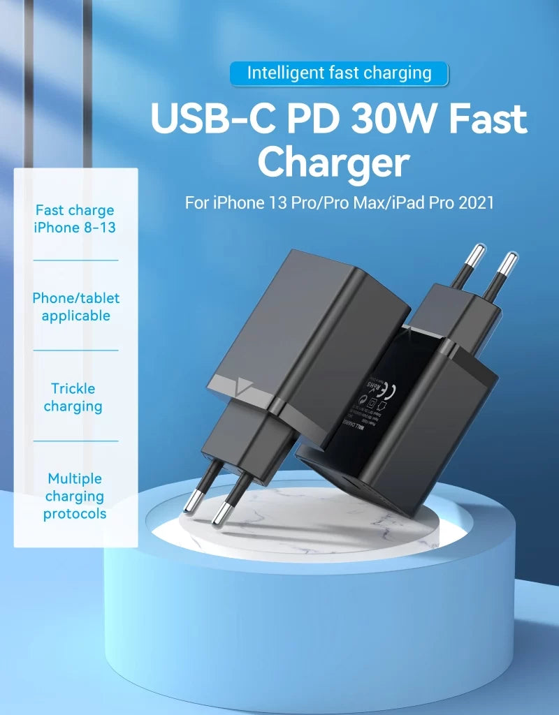 Vention 1-Port Usb-C Fast Charger 30W Eu-Plug | Support PPS/PD3.0/QC4.0/SCP/FCP/AFC/BC1.2/Apple 2.4A Protocols