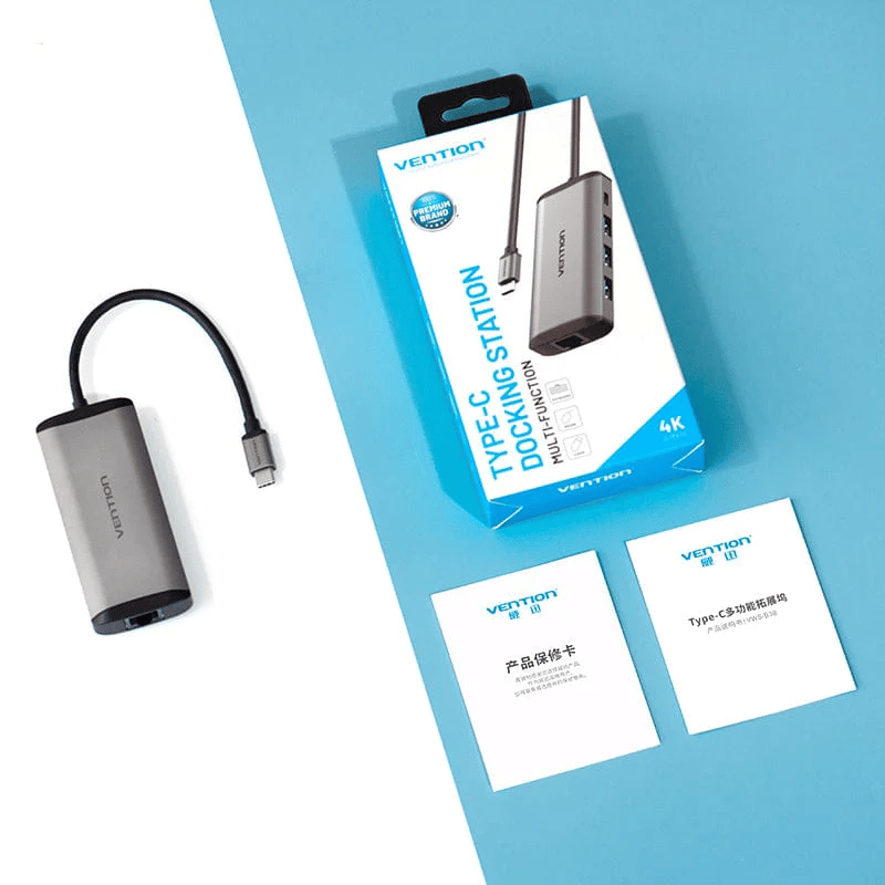 Vention Type-C to USB 3.0*3/Gigabit Ethernet/PD Hub 0.15M Gray Metal Type | TGDHB