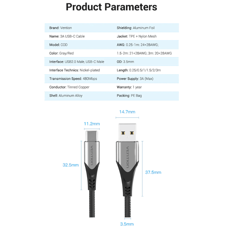 Vention Cotton Braided USB 2.0 A Male to C Male 3A Cable |Aluminum Foil+GND | Fast Charge Tecno , Redmi , OPPO , Xiaomi , Huawei