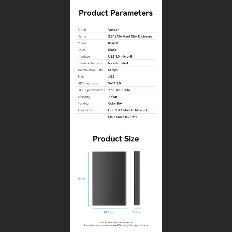 Vention 2.5 Inch SATA Hard Drive Enclosure | (USB 3.0 MicroB) | Black