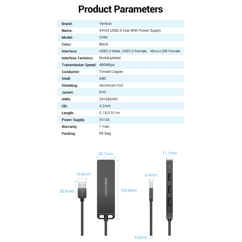 Vention 4-Port USB 2.0 Hub With Power Supply Black