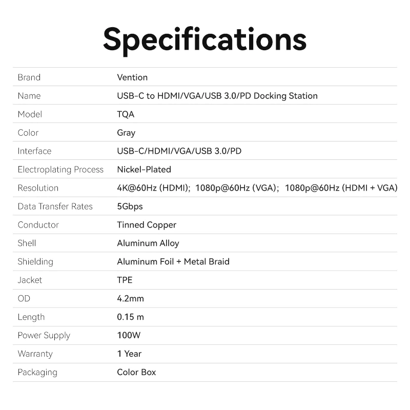 Vention USB-C to HDMI/VGA/USB 3.0/PD Docking Station 0.15M Gray Aluminum Alloy Type | TQAHB