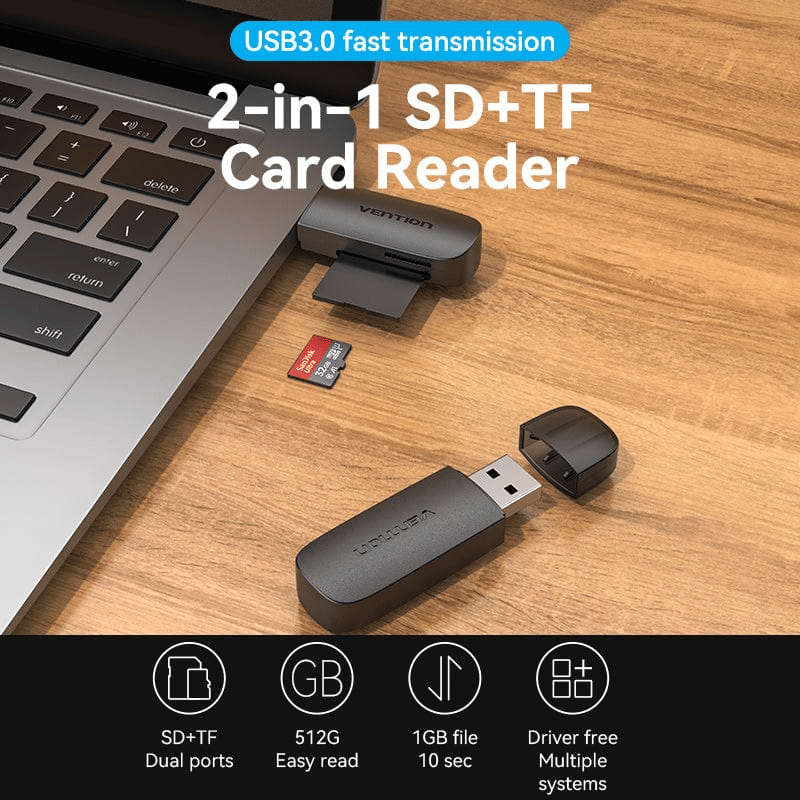 Vention 2-in-1 USB 3.0 A Card Reader(SD+TF) Black Single Drive Letter | CLKB0