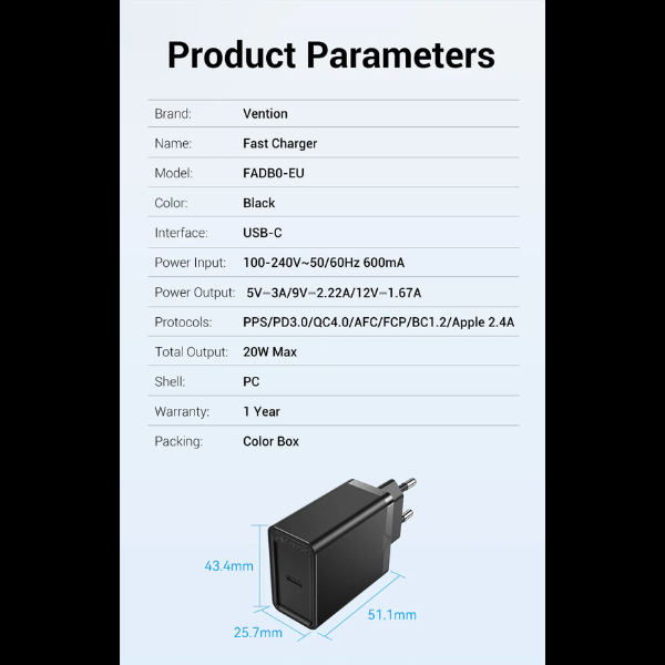 Vention 1-Port USB-C Wall Charger(20W) EU Plug | PD Fast Charger | Support Apple, Huawei, Xiaomi, Samsung, OPPO, Vivo, Phone & Tablet