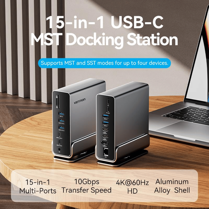 Vention USB-C to DP/HDMI x 2/USB 3.2 GaN 2 Type-C/USB 3.2 Gen 2 Type-A x 2/USB 3.2 Gen 1 Type-C/USB 3.0/USB 2.0 x 2/RJ45/SD/TF/3.5mm TRRS/PD MST Docking Station Gray Vertical Aluminum Alloy