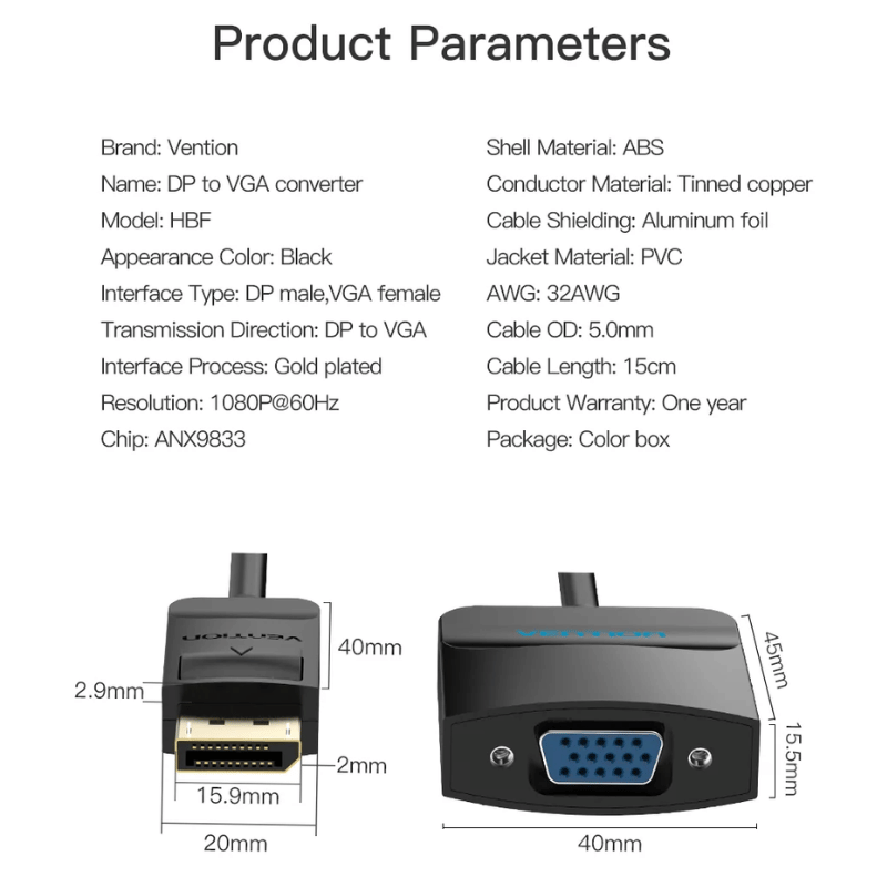 Vention Displayport to VGA Adapter 1080P Display Port Male to VGA Female Audio Converter for Projector HDTV Monitor DP to VGA | Gold Plated | HBFBB