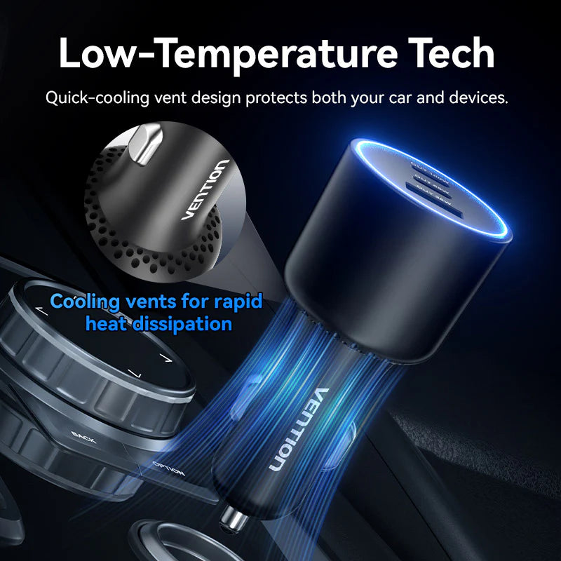 Vention Three-Port USB C+C+A (100W+65W+30W) Car Charger Black ABS Type