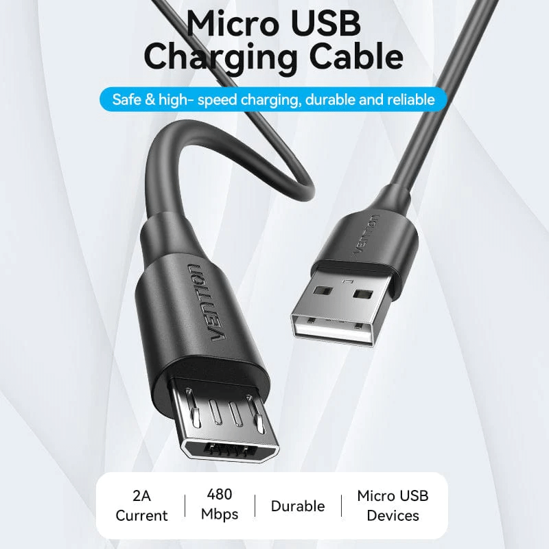 Vention USB 2.0 A Male to Micro-B Male 2A Cable Black | Aluminum Foil | Fast Charge