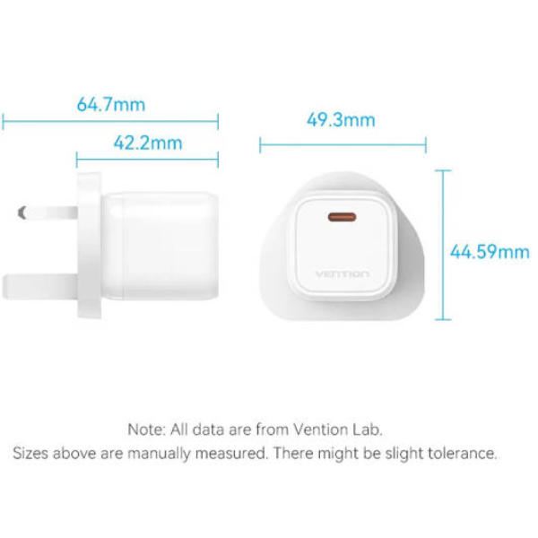 Vention 1-Port USB-C GaN Charger(30W) EU Plug | 30W PD | Quick charge protocols: PPS/PD 3.0/QC 4+/FCP/AFC/BC 1.2