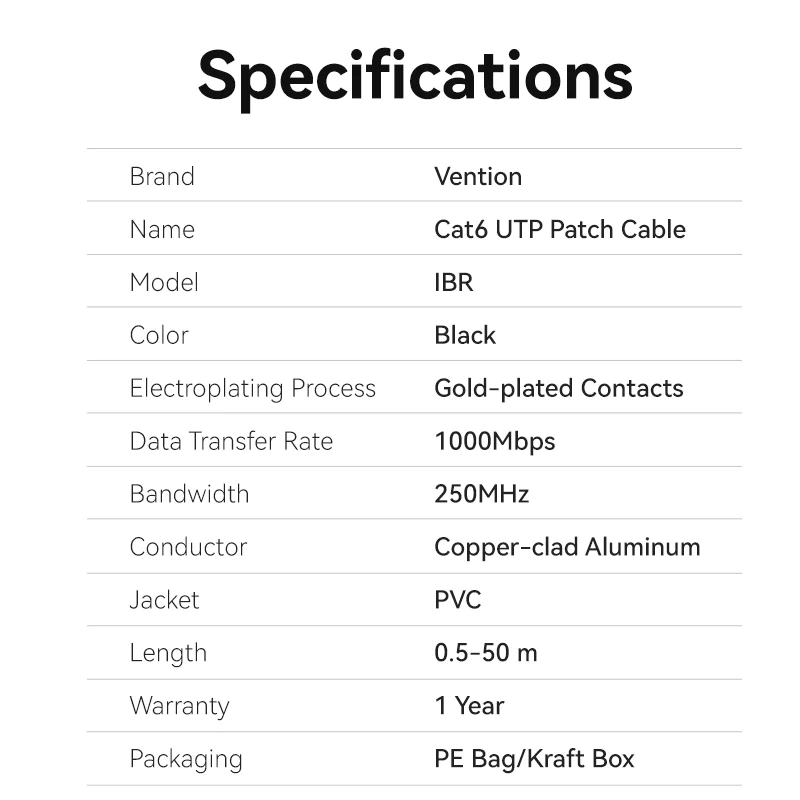 Vention Cat-6 UTP Patch Cable | Black | 1000Mbps | 26 AWG |250MHz | Gold Plated