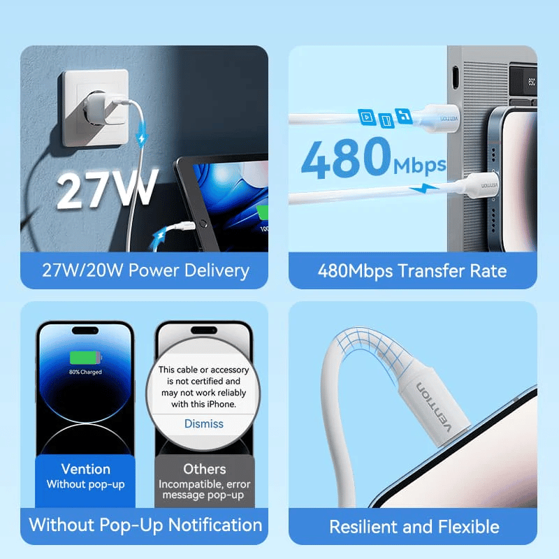 USB 2.0 Type-C Male to Lightning Male 3A Cable | 27W PD | iPhone & iPad | LAJWF