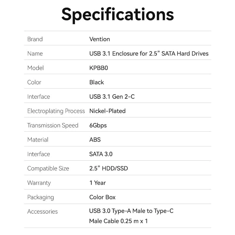 Vention 2.5 Inch SATA Hard Drive Enclosure | (USB 3.1 Gen 2C) | Black | KPBB0