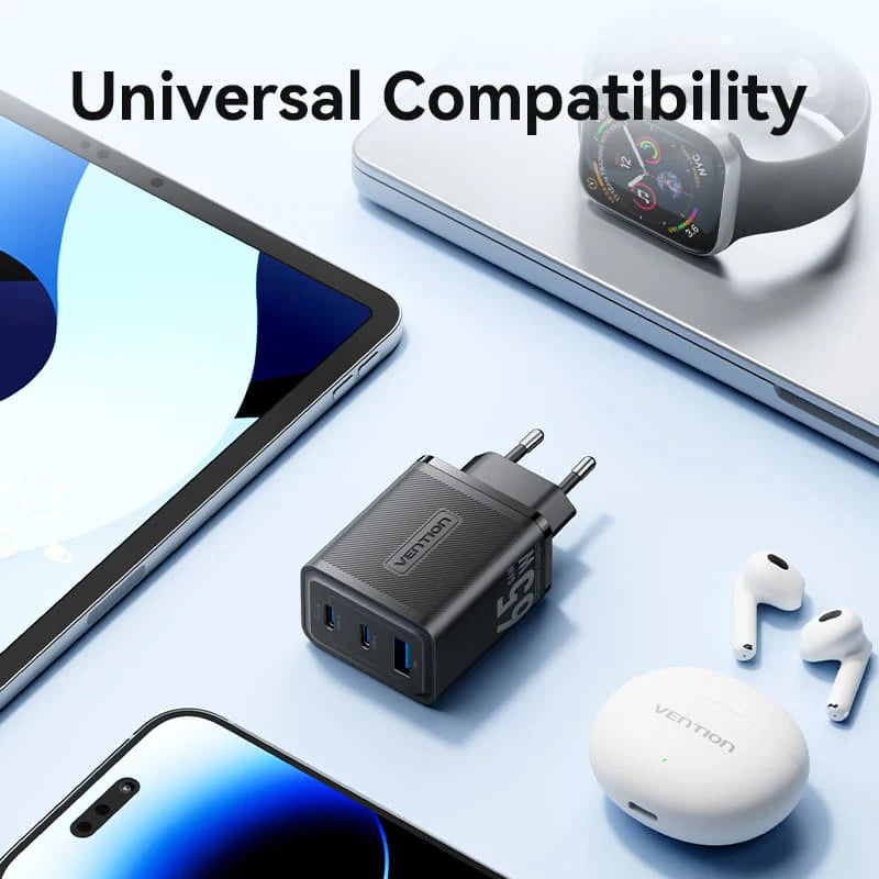 Vention 3-Port USB (C+C+A) GaN Charger (65W/65W/60W) EU-Plug | GaN-III | FERB0-EU