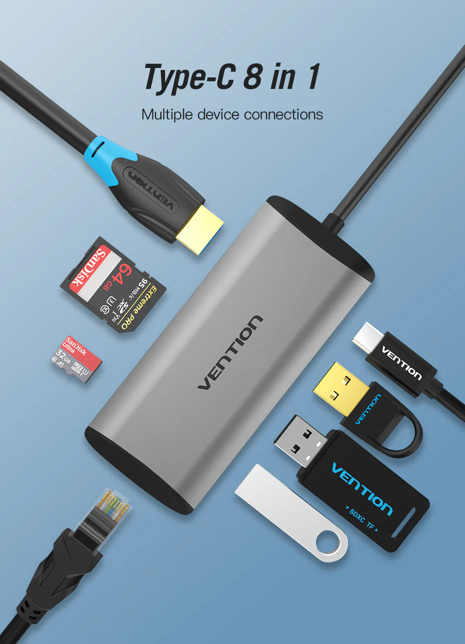 Vention Type-C to HDMI/USB3.0*3/RJ45/TF/SD/PD Converter | CNDBH