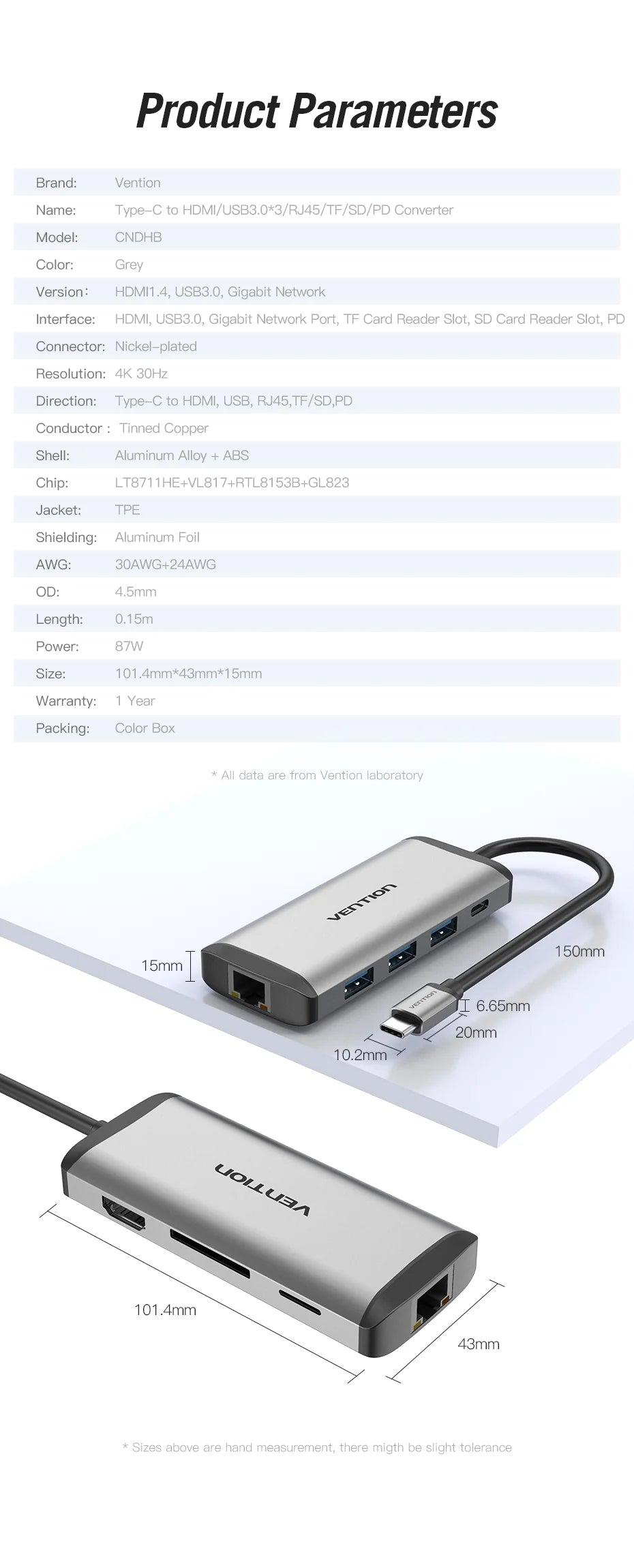 Vention Type-C to HDMI/USB3.0*3/RJ45/TF/SD/PD Converter | CNDBH