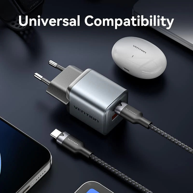 Vention 2-Port USB | TZ-FEWH0-EU | (C + A) GaN Charger (30W/18W) Gray with USB-C to USB-C Cable (1M)