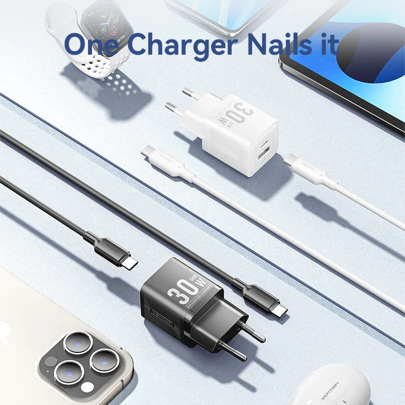 Vention 2-Port USB (C+A) GaN Charger (30W/30W) with USB-C to USB-C Cable | 1M |