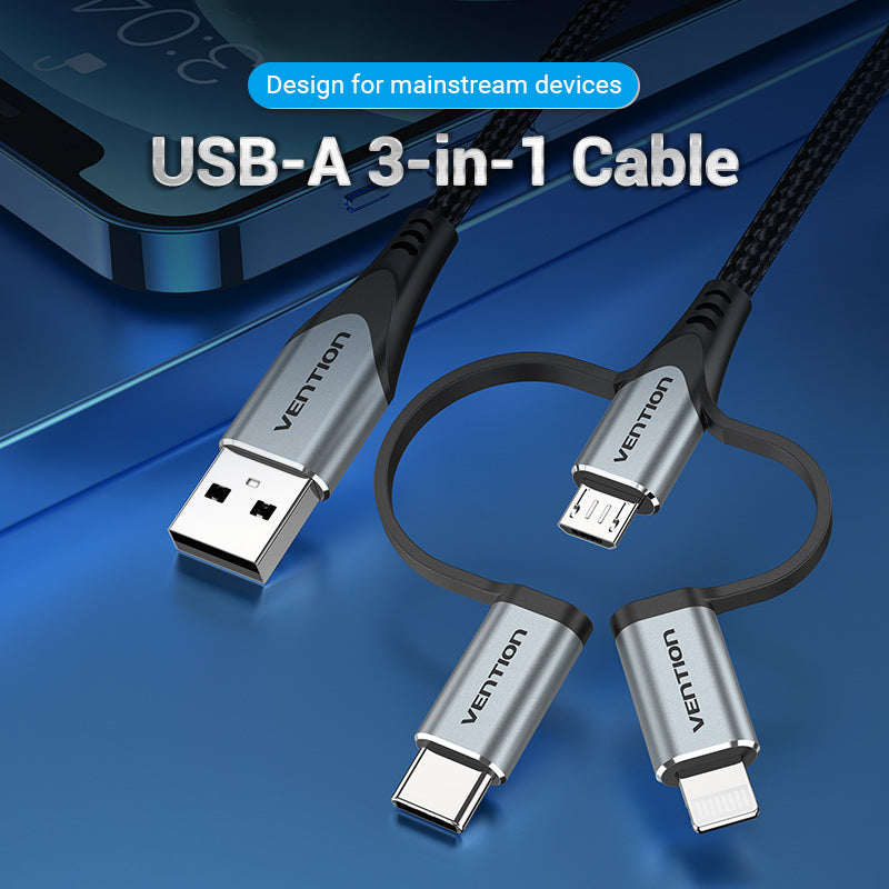 USB 2.0 A Male to 3-in-1 Micro-B&USB-C&Lightning Male Cable |MFi Certified | 1.5M | Gray Aluminum Alloy Type | CQJHG