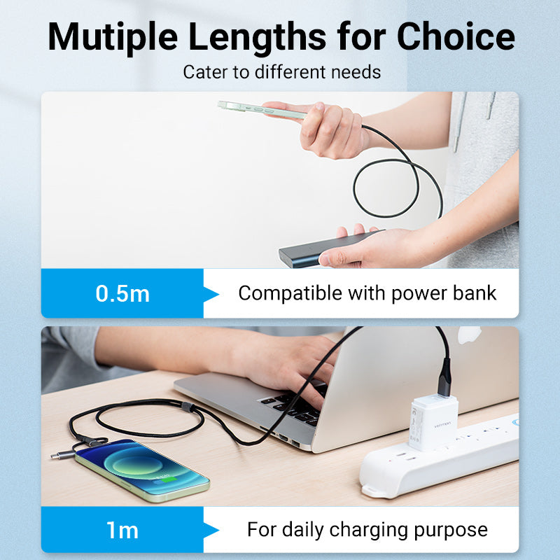 USB 2.0 A Male to 3-in-1 Micro-B&USB-C&Lightning Male Cable |MFi Certified | 1.5M | Gray Aluminum Alloy Type | CQJHG