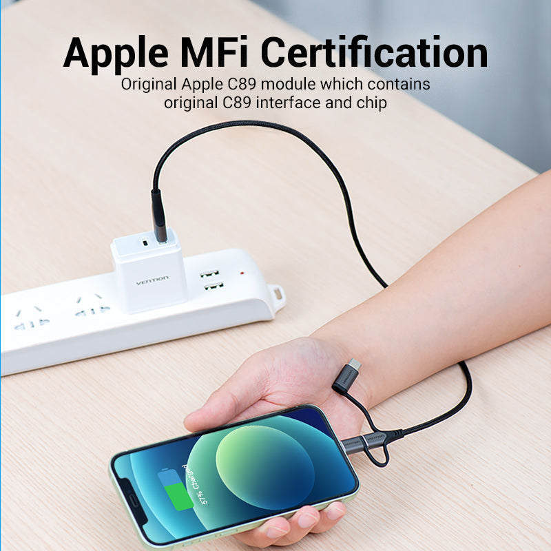 USB 2.0 A Male to 3-in-1 Micro-B&USB-C&Lightning Male Cable |MFi Certified | 1.5M | Gray Aluminum Alloy Type | CQJHG